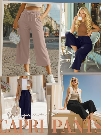 Plus Size, 3pcs Plus Size Women's Capri Pants, Wide Leg Basic Sweatpants Lounge Loose Fit Casual Drawstring Capris with Pockets