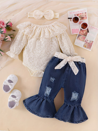 Baby Girls Clothes Fall Outfits For Girls Lace Off Shoulder Top Jeans Pant Sets Headband Belt 3pcs Newborn Infant Outfit Apricot With 3-24Months, for Outdoor