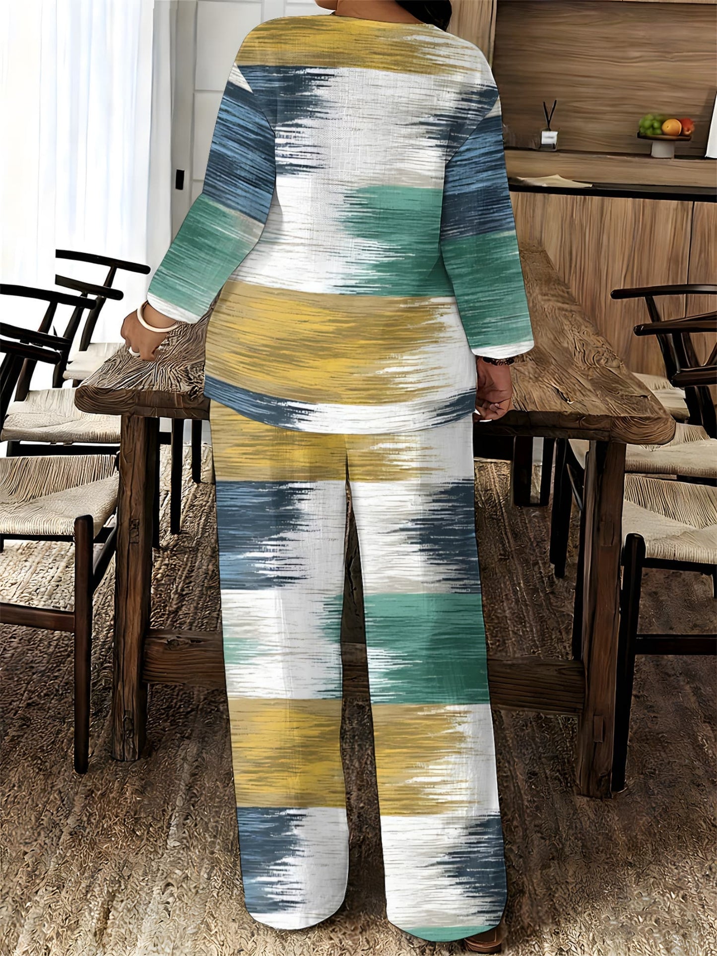 2026 New Women's Standard Size Long Sleeved Pants 2pcs Set, Set, Spring And Summer New V-Neck Long Sleeved Shirt Printed Elastic Waistband Pants 2pcs Set, Digital Printing Machine Washable Fabric, Elegant And Comfortable