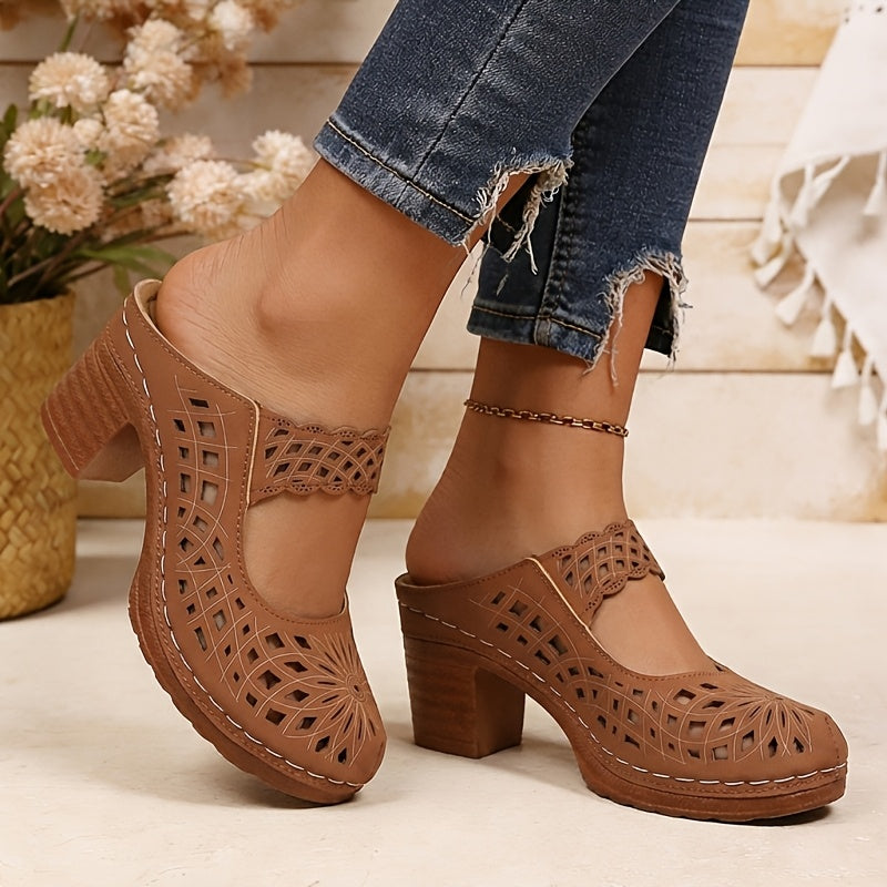 New Summer Women'S High Heel Sandals, Elegant Retro Openwork Breathable Design, Bonded Sewing Craftsmanship, Printed Strap One-Touch Slip-On Style, European And American Style Round Toe Chunky Heel, Back-To-School Season Women'S Shoes, Women Shoes
