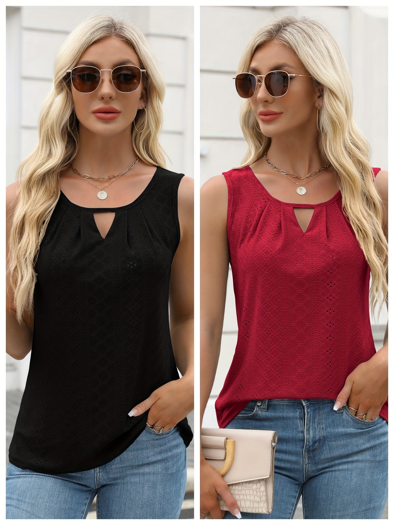 Women's Two-Piece Summer Tank Top Set - Sleeveless Eyelet Embroidery, Loose Fit, Business Casual Tops for Work & Everyday Wear[Women's Two-Piece Summer Tank