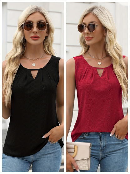 Women's Two-Piece Summer Tank Top Set - Sleeveless Eyelet Embroidery, Loose Fit, Business Casual Tops for Work & Everyday Wear[Women's Two-Piece Summer Tank