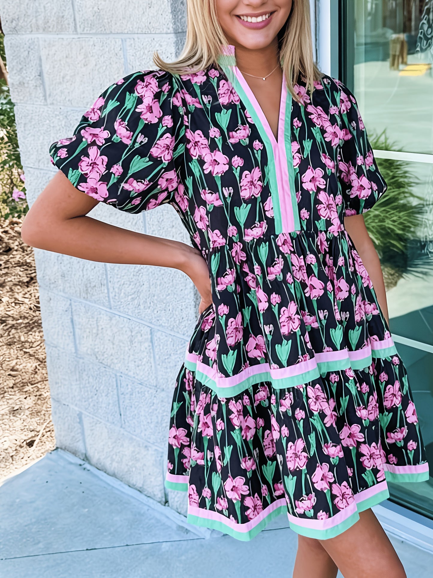 Women'S Summer Floral Mini Dress, Puff Sleeve Short Sleeve V-Neck Loose Bohemian Style Beach Dress, Floral Print