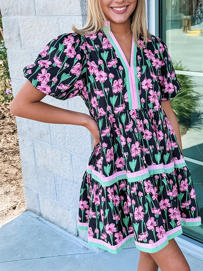 Women'S Summer Floral Mini Dress, Puff Sleeve Short Sleeve V-Neck Loose Bohemian Style Beach Dress, Floral Print