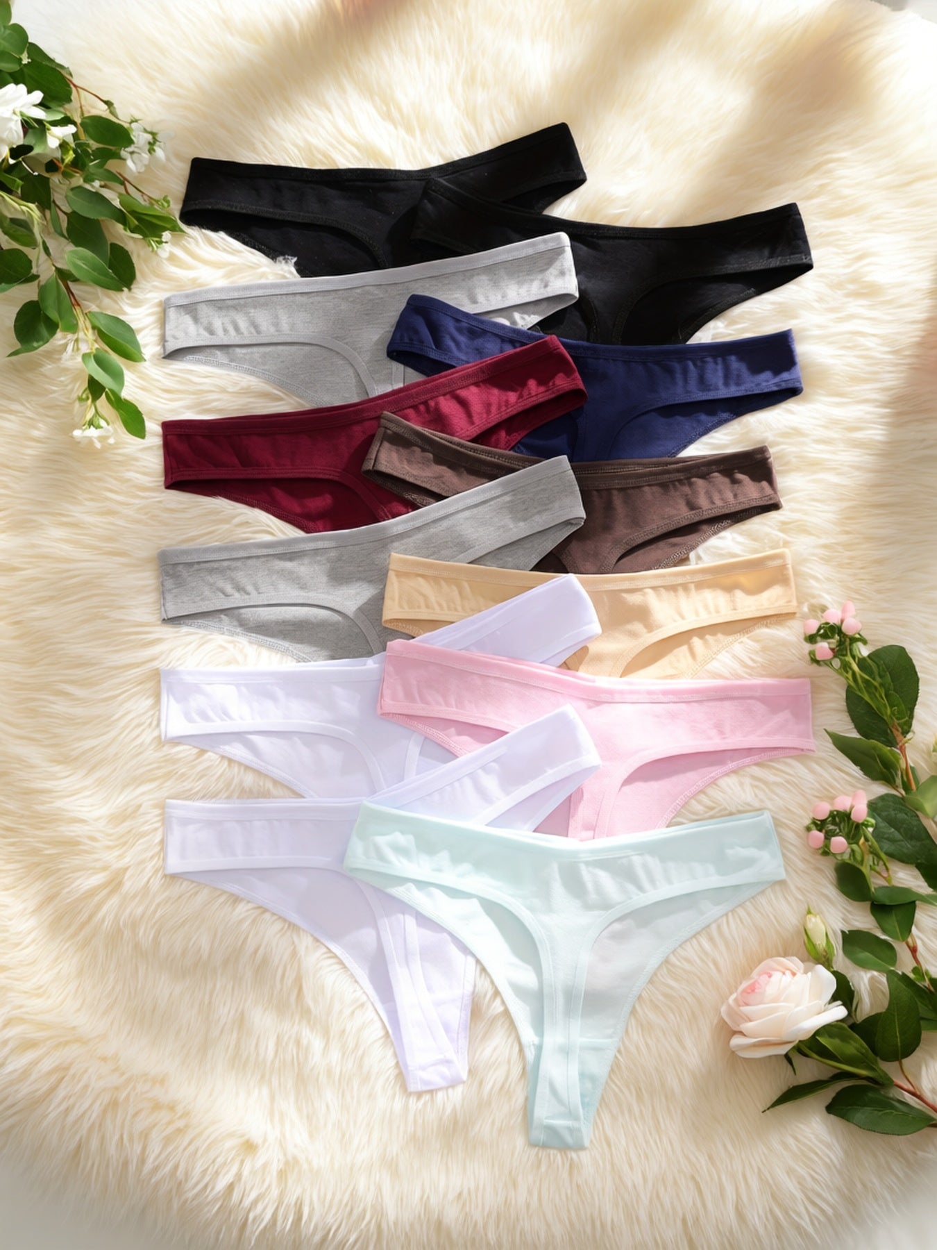 OATH OF TRUE Offers 12 Solid Color Thongs, Available in Black, Dark Blue, Mocha Gray, Gray, Burgundy, Light Beige, White, Pink, And Light Green.