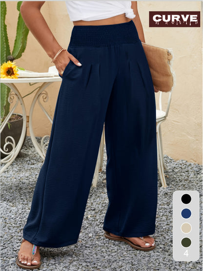 Plus Size, Chic High-Waisted Wide Leg Trousers | Plus-Size Military Green Casual Pants for Women - Spring, Summer And Autumn Comfort with Elastic