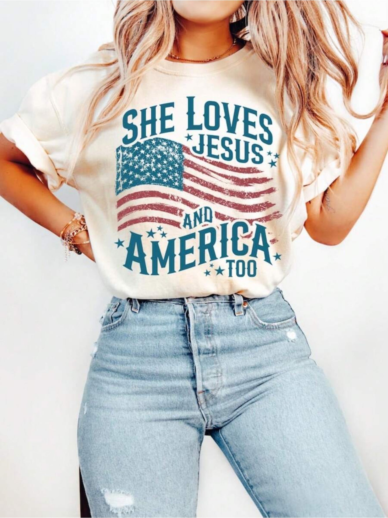 Shirt for Independence Day, Christian-Themed Shirt, 4Th of July Shirt, She Loves And America As Well Shirt, Retro America Shirt, USA Shirt, USA Flag "Sport" "Athleisure"