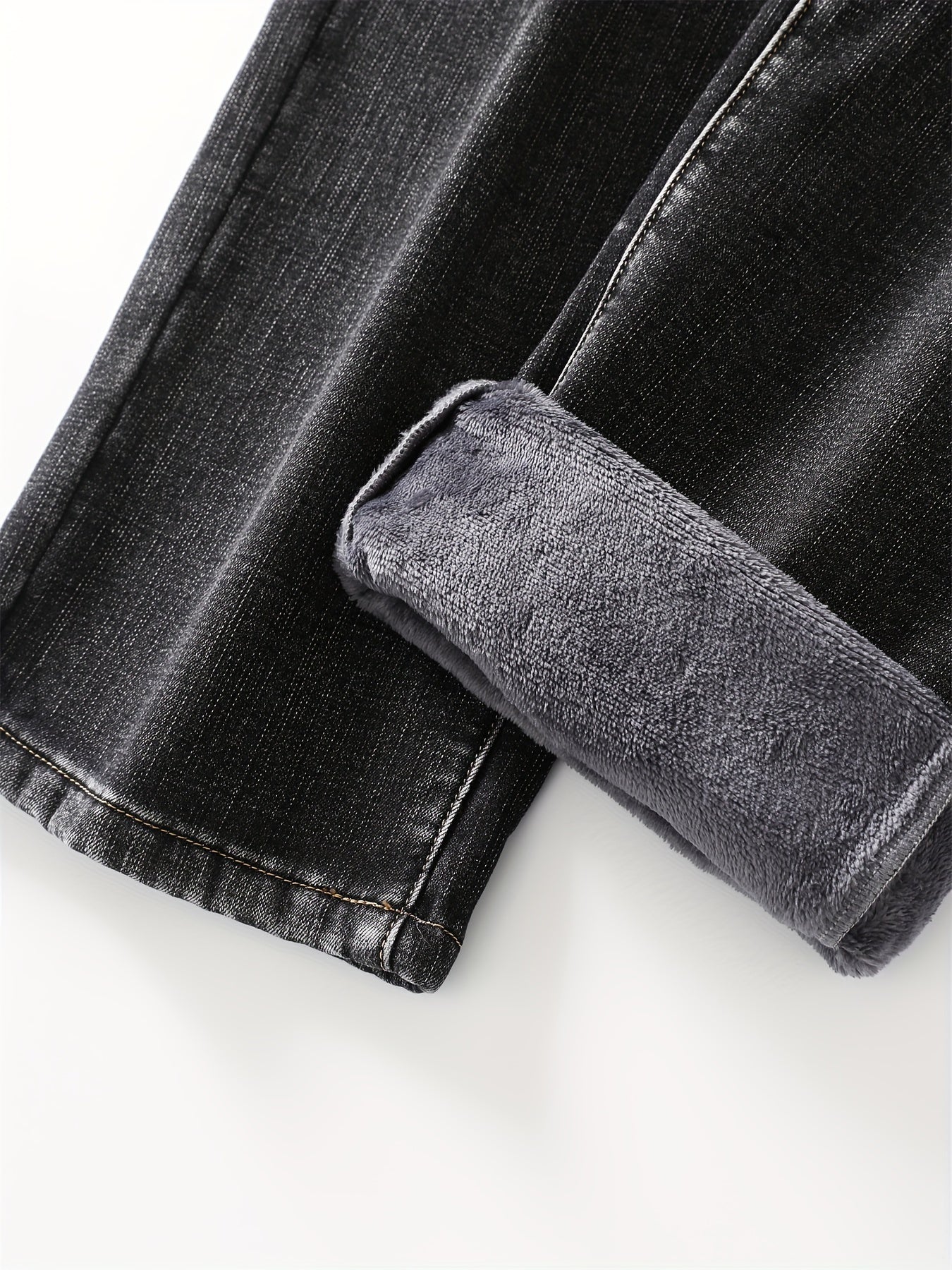 Men's Warm Fleece Stretch Jeans, Loose Casual Fleece Jeans, Straight Mid-waist Fashionable Versatile Jeans, Suitable For Daily, Business, Outdoor