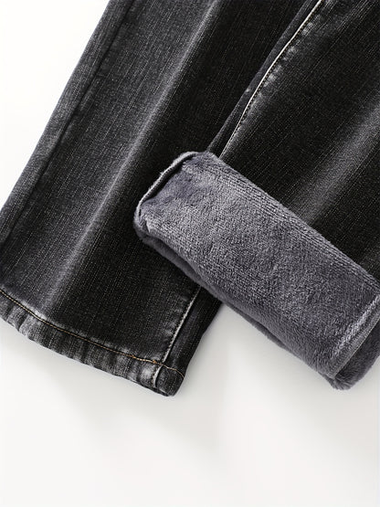 Men's Warm Fleece Stretch Jeans, Loose Casual Fleece Jeans, Straight Mid-waist Fashionable Versatile Jeans, Suitable For Daily, Business, Outdoor