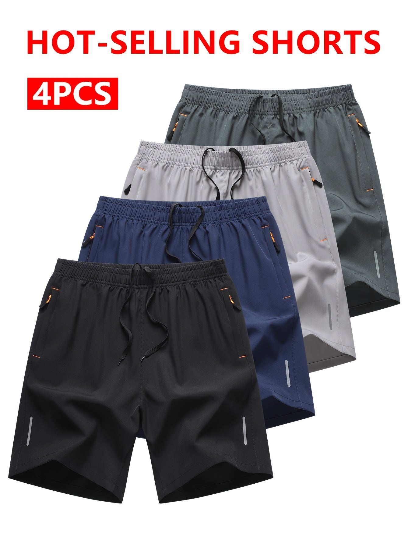 4pcs Men's Summer Athletic Shorts - Quick-Dry Lightweight Breathable Fabric, Reinforced Zipper Pockets, Drawstring Waist - Comfortable Loose-Fit for Running, Gym, Cycling, Basketball, Tennis, Outdoor Sports & Beach Party