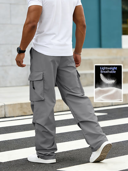 Lightweight Breathable Cargo Trousers for Men, Featuring an Elastic Waistband with a Drawstring, Loose Wide Legs, Multiple Pockets, And Quick-Dry Fabric, Ideal for Outdoor Hiking, Streetwear, Everyday Use, And All-Season Fashion