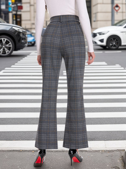 Elegant Plaid Flare Trousers for Women Featuring a High Waist And Tie Belt, Designed for a Slim Fit with Pockets, Perfect for Office Wear