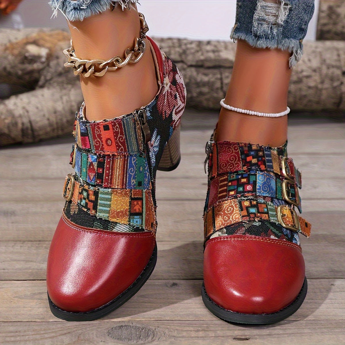 Women's Cowgirl Boots with Chunky Heel - Round-Toe Ankle Boots Suitable for Casual & Formal Outfits, Zipper Closure, Durable PU Sole & Synthetic/Fabric Upper, Versatile Western Footwear, Year-Round Wear, Women Shoes