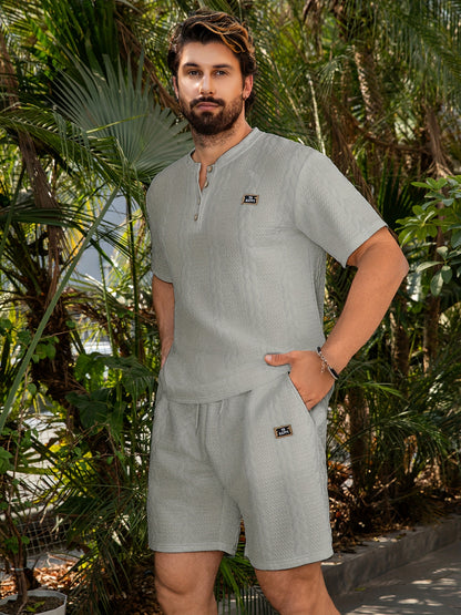 2pcs Men's Round Neck Short Sleeve Plain T Shirt And Front Tie Casual Shorts Set Men's Moisture Transferring Sports Short Sleeve Shorts Set