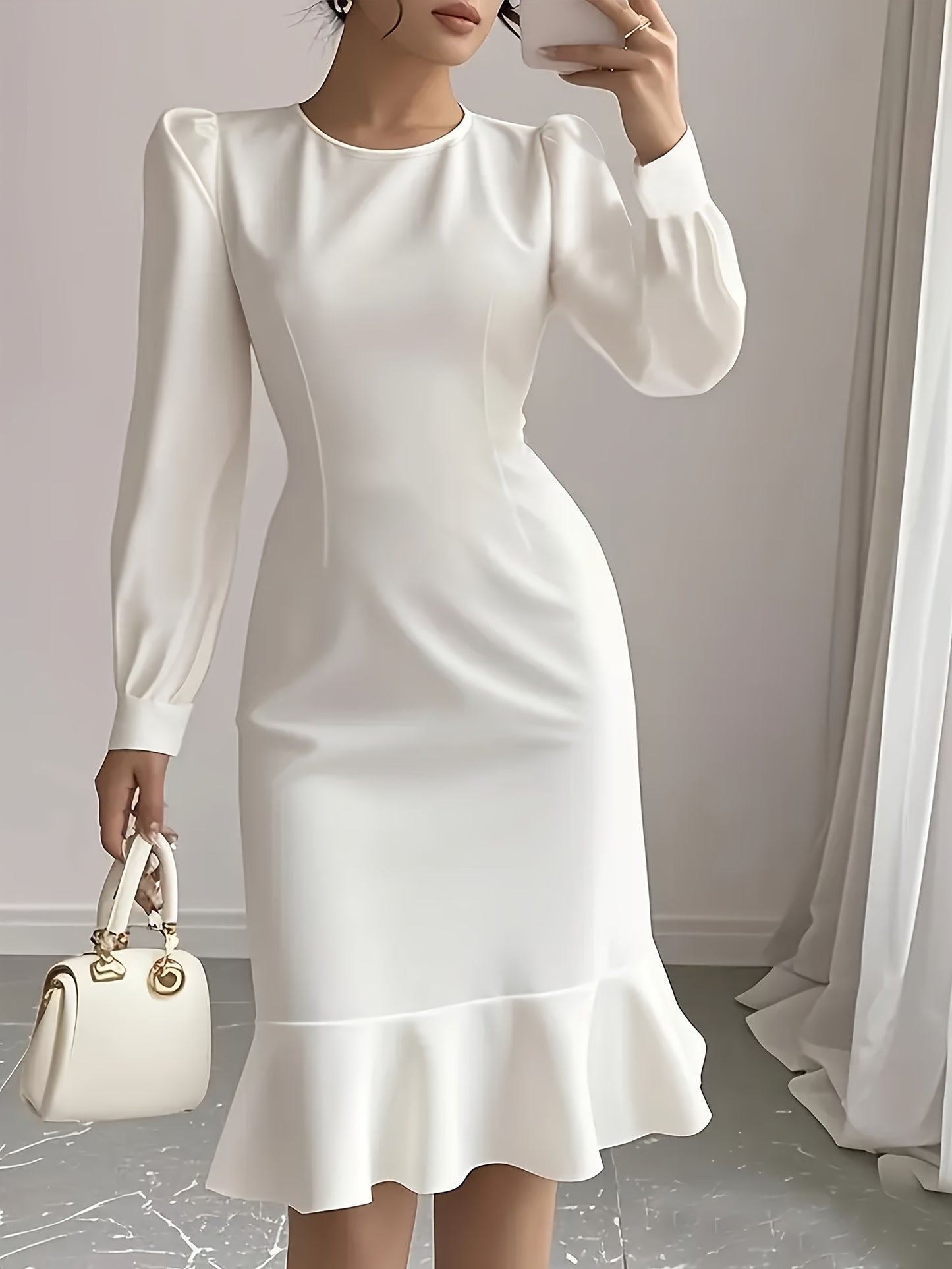 Plus Size - Plus Size - Puff - Sleeved White Mermaid Dress. Trendy for Formal And Chic Events