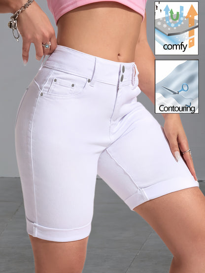 Slim Fit High-Waisted White Stretch Denim Bermuda Shorts for Women Featuring a Double Button Design, Rivet Details, And Cuffed Hems. Made from Soft, Flexible Fabric That Contours to The Figure