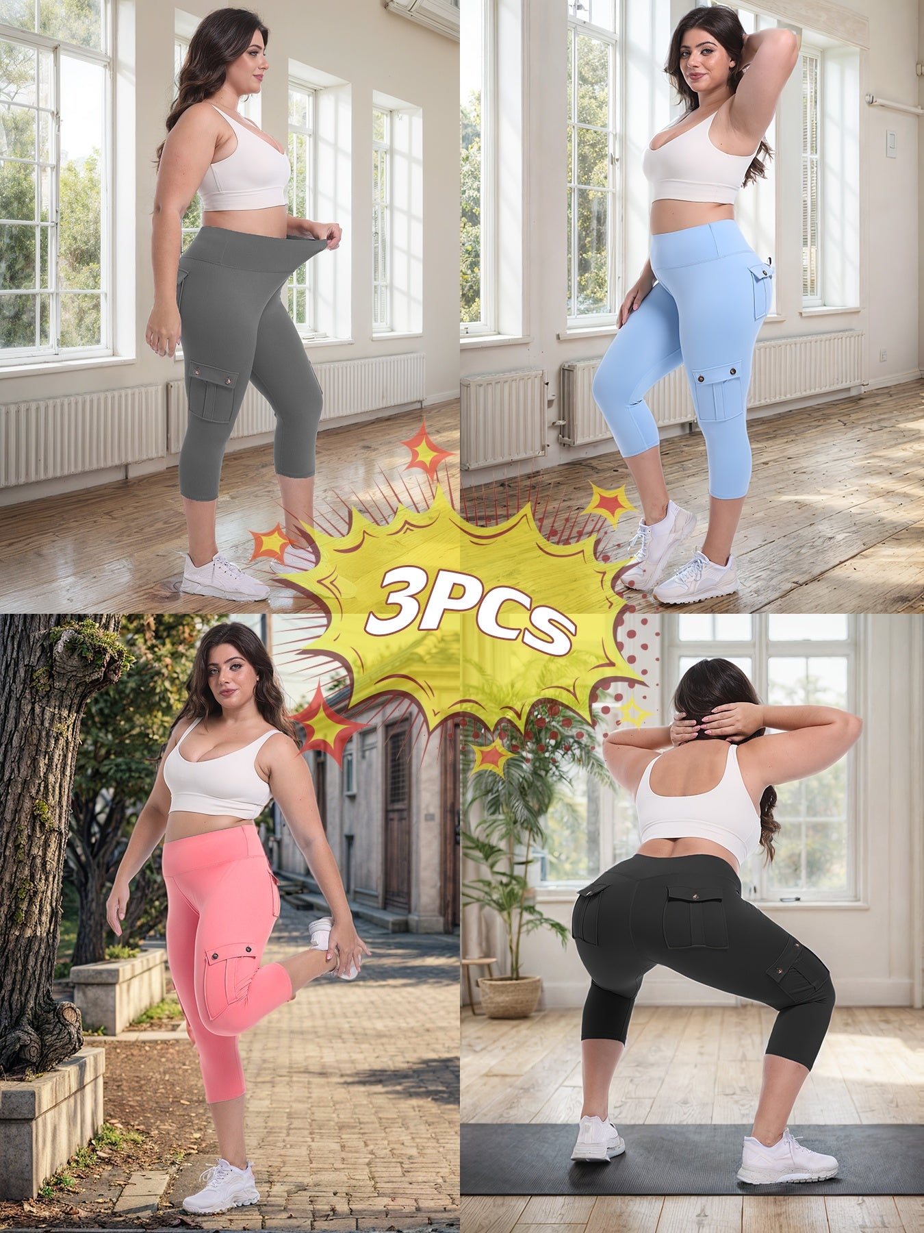 3-packs High Waist Yoga Capri Pants 3pcs Capri Pants Set, 4 Way Stretch Butt Lifting Tummy Control, 4 Button Pockets Workout Running Sports Pants