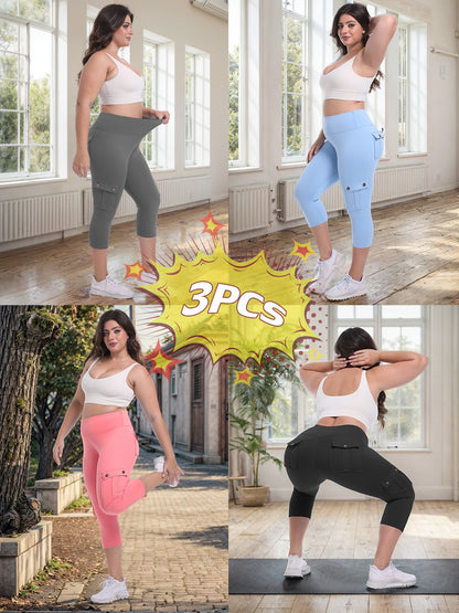 3-packs High Waist Yoga Capri Pants 3pcs Capri Pants Set, 4 Way Stretch Butt Lifting Tummy Control, 4 Button Pockets Workout Running Sports Pants