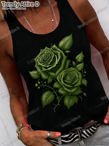 Elegant Round-neck Vest, Vintage Rose Print Round-neck Vest, Fashionable Design Pattern, Holiday Outfits Essential Summer Items Women, Women's Fashionable Summer T-shirts