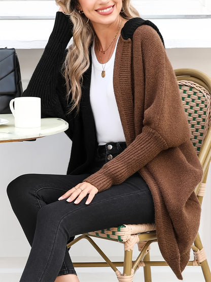 Women's Autumn And Winter Fashion Warm Clashing Color Bat Sleeve Hooded Cardigan