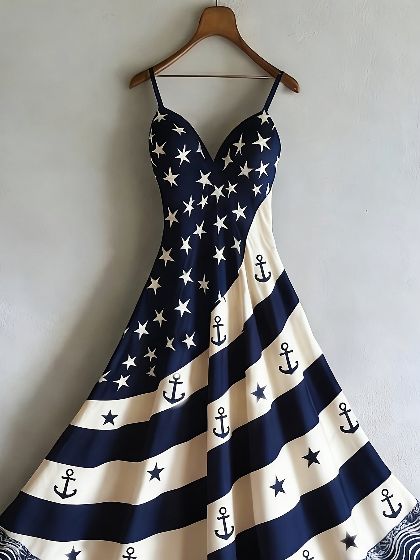 Women's Patriotic Maxi Dress - A-Line Silhouette, Suitable for Vacation, Leisure & Beach Outings, Loose Fit, National Flag Pattern, Sleeveless, V-Neck, Red National Flag Design with Built-In Cups