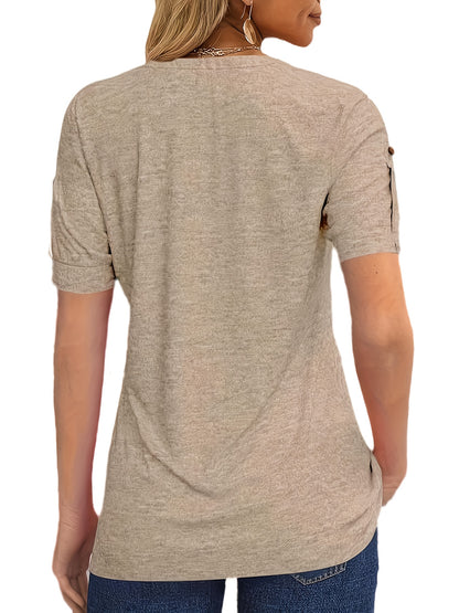 Casual Short-Sleeve T-Shirt for Women, Featuring a Pleated Design And V-Neck in Solid Colors, Perfect for Summer