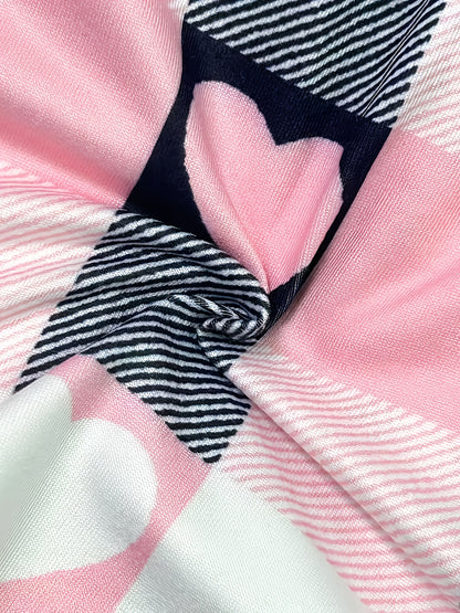 New Spring/Summer Color-Block Bow Spliced Adjustable Strap Plaid Heart Print Elastic Waist Casual Loungewear Pajama Set, Comfortable Fabric with a Soft Touch