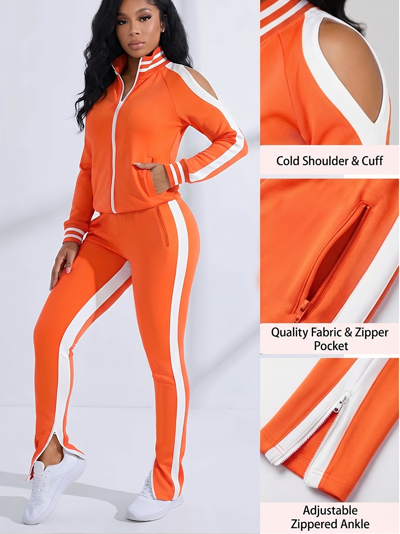 Women's 2pcs Athletic Tracksuit Set, Striped Contrast Shoulder Slit Top & Zipper Hem Sporty Pants, Activewear Lounge Set
