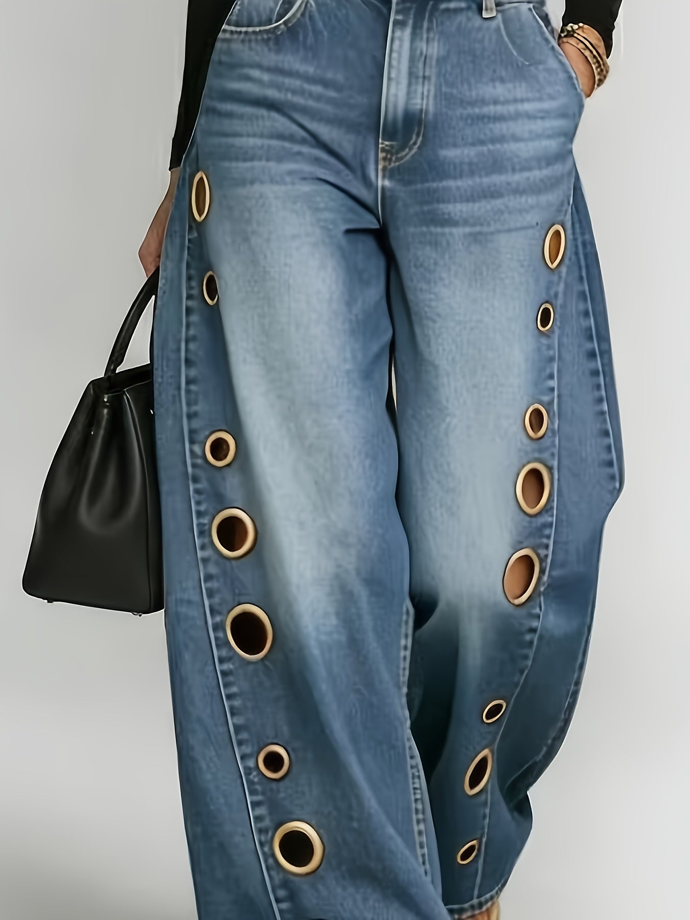 [Retro Denim Jeans] New Retro Style Denim Jeans for Women, With Metal Eyelets Designed for Casual And Loose Fit, High Waisted And Wide Leg Jeans, Street Cool Women's Clothing, Black Retro Blue Light Blue Women's Straight Leg Denim Pants