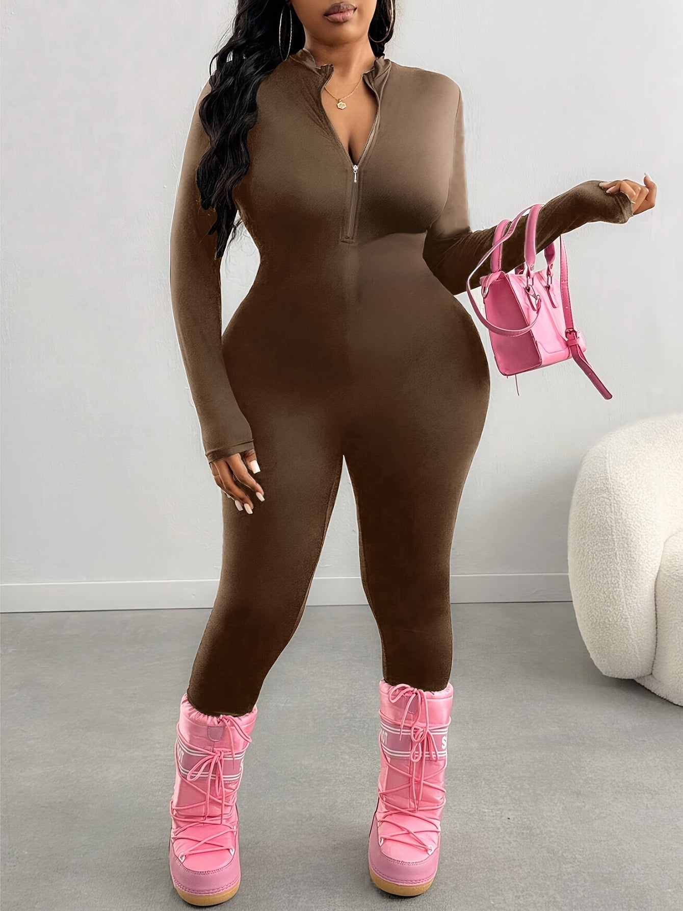 Plus Size, Plus Size Spring/Summer Women's Solid Color Jumpsuit, Front Half Zipper Design, Waist Cinched, Slim Fit, Flatter The Figure Fall, S & Simple Casual, Suitable for Cycling,, And Other.