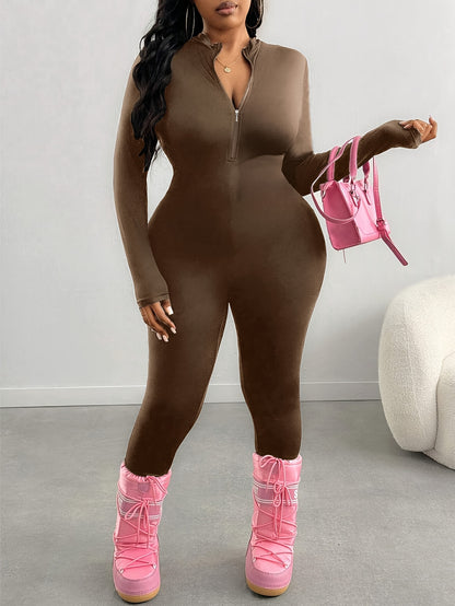 Plus Size, Plus Size Spring/Summer Women's Solid Color Jumpsuit, Front Half Zipper Design, Waist Cinched, Slim Fit, Flatter The Figure Fall, S & Simple Casual, Suitable for Cycling,, And Other.