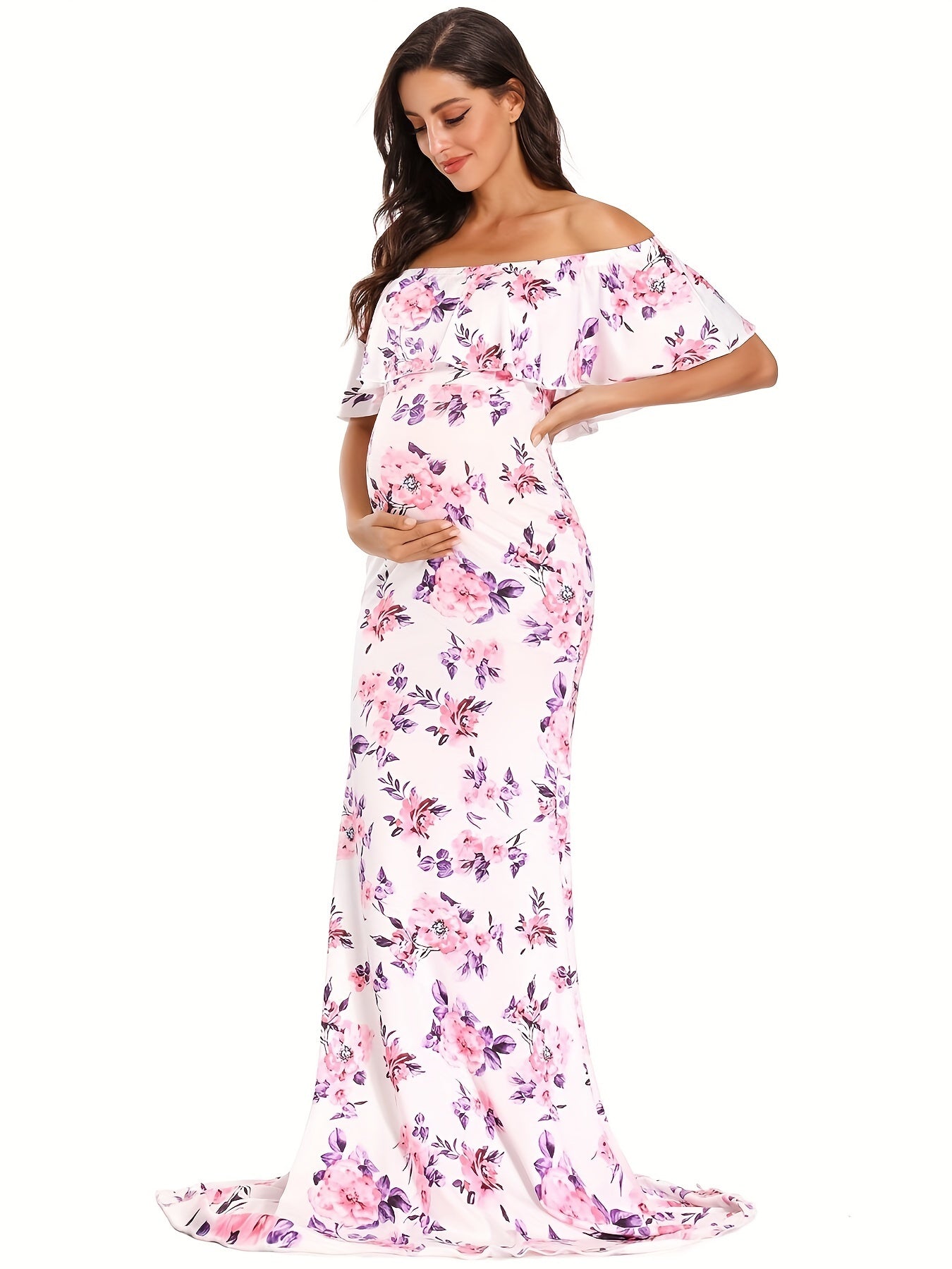 Womens Off Shoulder Maternity Dress Ruffles Elegant Slim Gowns Fit Maxi Photography Dress