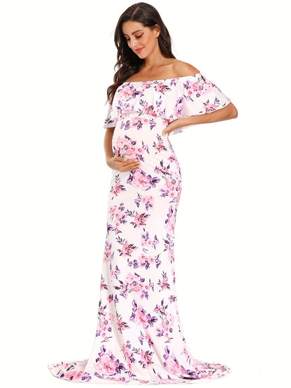 Womens Off Shoulder Maternity Dress Ruffles Elegant Slim Gowns Fit Maxi Photography Dress