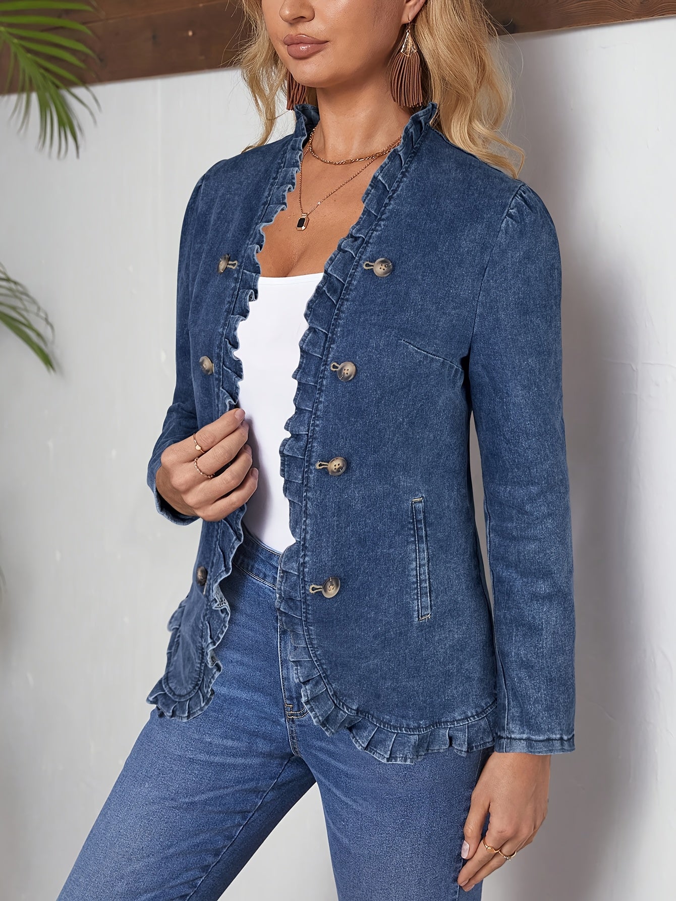 Women's Vintage Dark Blue Denim Suit Jacket Stand Collar And Double-breasted Button Design. Slim-Fit Waist Ruffle Hem. Distressed And Washed Elegant Denim Jacket Suitable for Both Office And Casual Wear