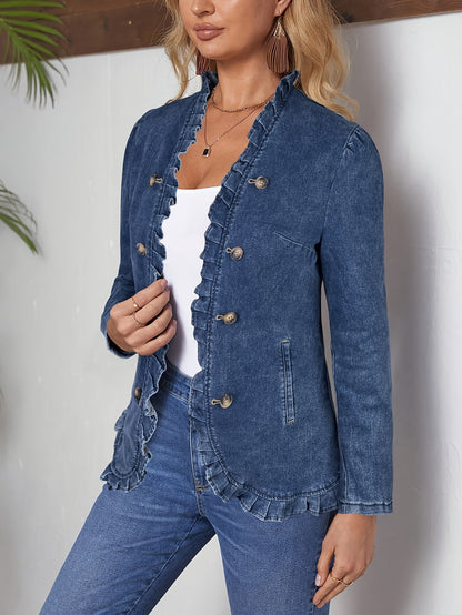Women's Vintage Dark Blue Denim Suit Jacket Stand Collar And Double-breasted Button Design. Slim-Fit Waist Ruffle Hem. Distressed And Washed Elegant Denim Jacket Suitable for Both Office And Casual Wear