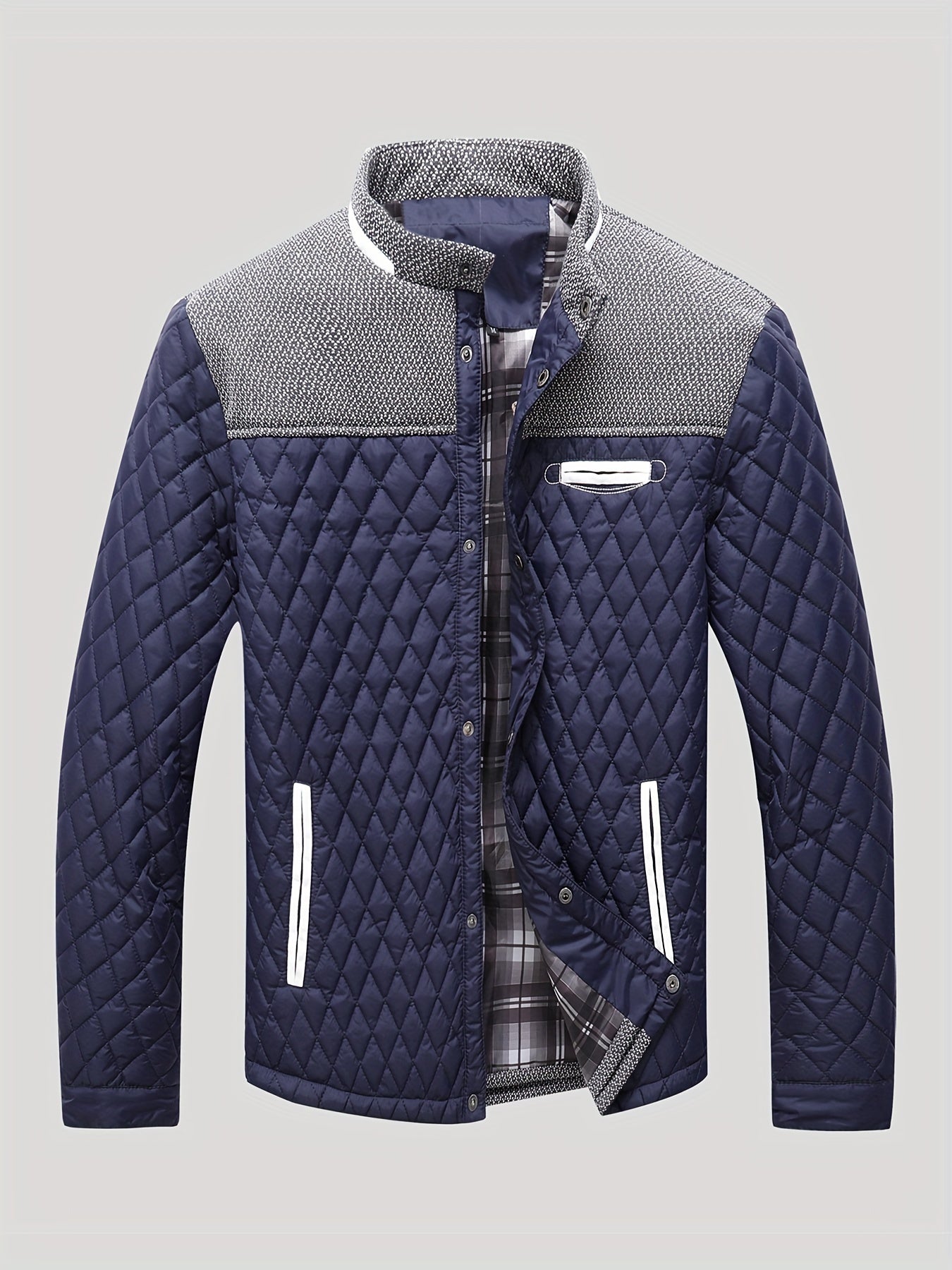 Men's Casual Stand Collar Plaid Side Seam Pocket Patchwork Jacket