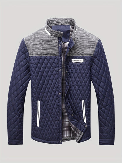 Men's Casual Stand Collar Plaid Side Seam Pocket Patchwork Jacket