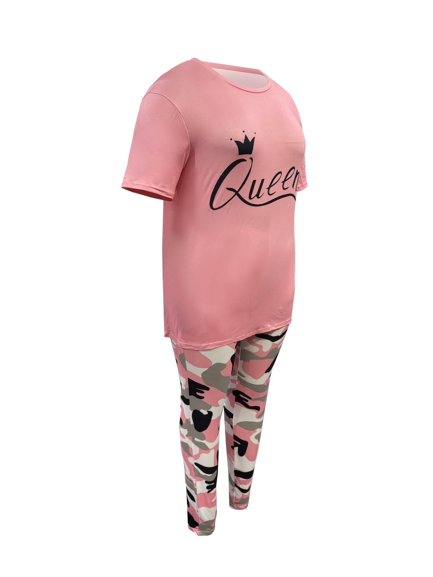 Plus Size - LADIES' Plus Size Daily Fashion Casual Set: Letter Print Crew Neck Short Sleeve T-shirt + Camouflage Long Pants With Pockets