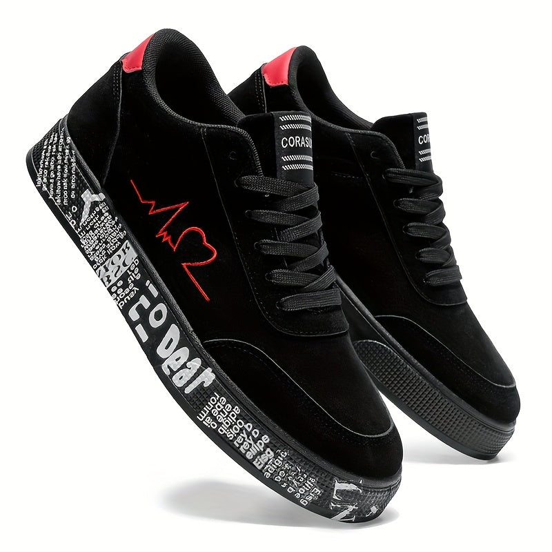Men's Mid-Top Sneakers - Red Heart & Music Note Graphic Design, All-Season Outdoor//Casual Shoes, Breathable PU/Fabric Upper & Durable PVC Sole, Valentine's/Birthday Gift for Him, Trendy Streetwear Footwear (Black/Red)