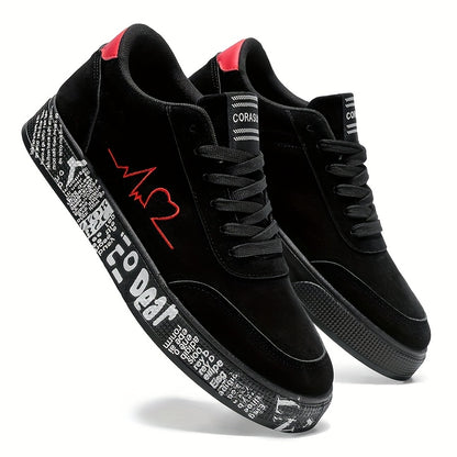 Men's Mid-Top Sneakers - Red Heart & Music Note Graphic Design, All-Season Outdoor//Casual Shoes, Breathable PU/Fabric Upper & Durable PVC Sole, Valentine's/Birthday Gift for Him, Trendy Streetwear Footwear (Black/Red)