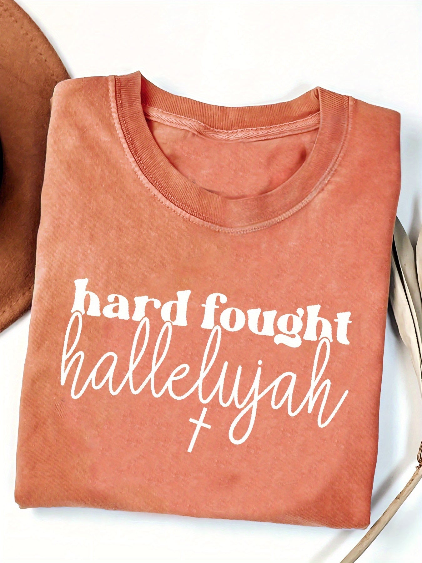 Plus Size, 1pc Plus Size Women's Oversized Christian Prayer T-Shirt 1XL-5XL - Coral Pink with White Faith Text & Prayer Design, Short Sleeve Round Neck Loose Fit Top for Church Outfits, Spring Summer Spiritual Wear, Machine Washable Soft Breathable