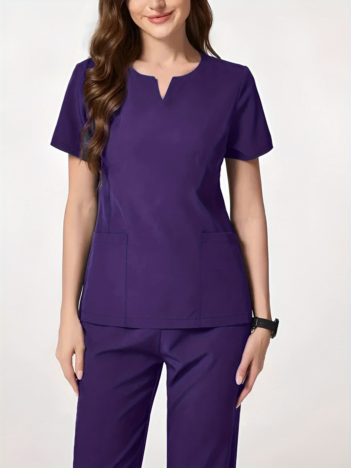 Two-Piece Easy And Comfortable Breathable Brushing Gloves Set for Work Uniforms, V-Neck Short-Sleeved Front-Pocket Comfortable Top And Slit Straight-Leg Trousers, All-Season Wear, Perfect for Healthcare, Dental, And Pet Hospital Professionals