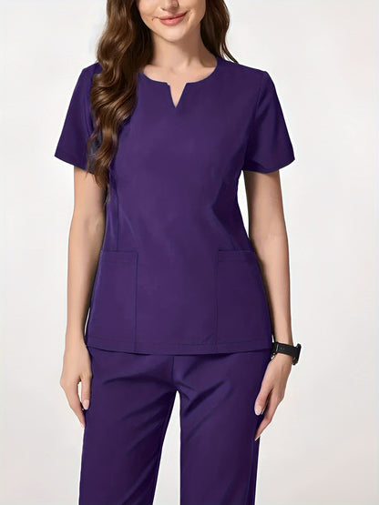 Two-Piece Easy And Comfortable Breathable Brushing Gloves Set for Work Uniforms, V-Neck Short-Sleeved Front-Pocket Comfortable Top And Slit Straight-Leg Trousers, All-Season Wear, Perfect for Healthcare, Dental, And Pet Hospital Professionals