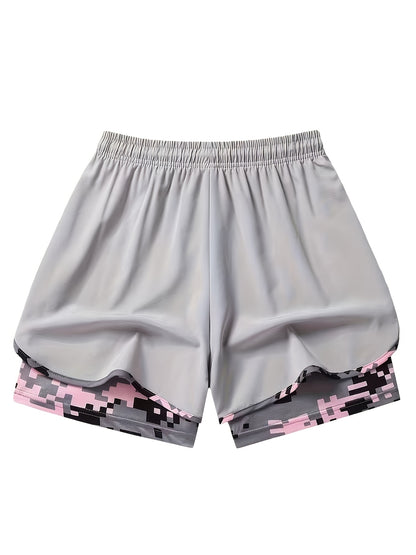 Three Pairs Of Women'S Summer Shorts, Double-layered, Two-in-one Design With Camouflage Pattern, Breathable And Quick-drying, Side Mesh Pockets, Non-stretch Fabric, Regular Fit, Side Pockets, And Casual Style, Free Bracelet Included.