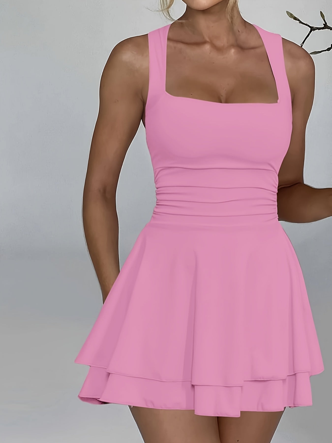 Women'S Square Neck Ruffle Hem Mini Dress Pleated Waist Short Party Dress
