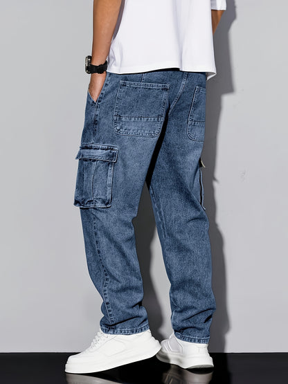 [HME] Men's Simple And Casual Denim Trousers, Retro Snowflake Washed Classic Blue, Three-dimensional Cut Functional Multi-pocket Work Pants, Mid-waist Elastic Straight-leg Pants, Essential for Daily Casual Wear, Classic Men's Plus-size Jeans