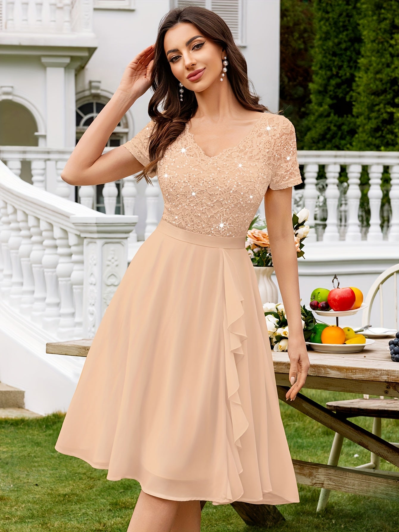 24224 Elegant Womens Sequin Lace Chiffon A Line Bridesmaid Dress, V Neck Short Sleeves, Ruched Ruffle Hem, Perfect for Graduation Season, Wedding Season, Summer Wedding Guest, Evening Party, Cruise Party And Birthday Celebration