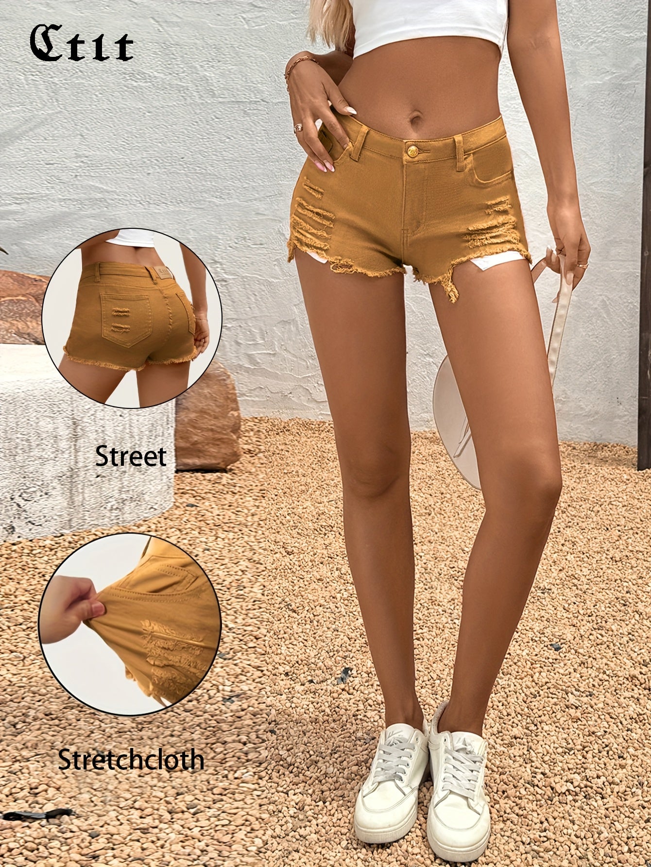 Regular Hole Stretch Denim, Casual Shorts, Y2K Cute Short Jeans