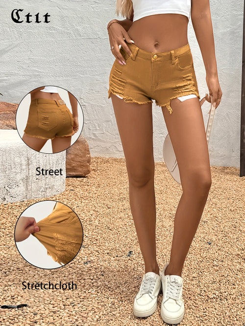 Regular Hole Stretch Denim, Casual Shorts, Y2K Cute Short Jeans