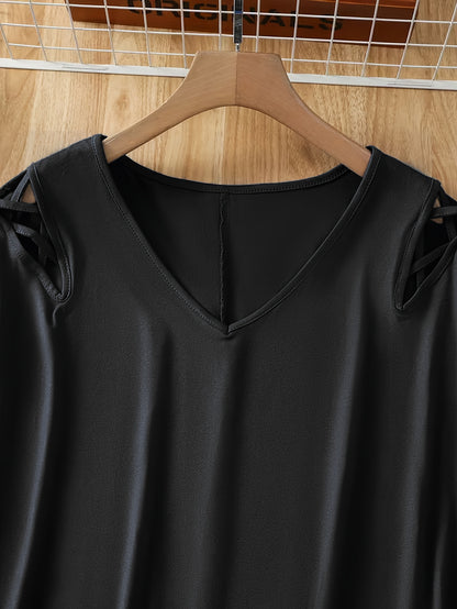 Plus Size Women'S Loose-Fitting Short-Sleeve V-Neck Tee - Stylish V-Neck Style Featuring Open Cross Elements. Perfect for Both Casual And Formal Settings During Spring And Summer, Making It Great for Everyday Wear And Special Events